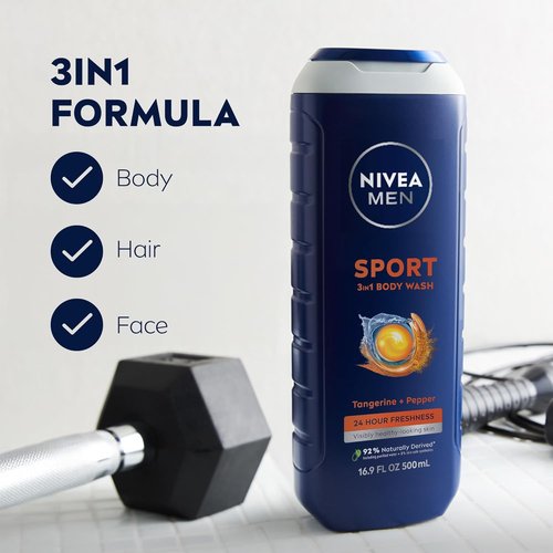 NIVEA Men Sport Body Wash - Revitalizing Minerals & Tangerine-Pepper Scent | 3-in-1 Vegan Formula, 16.9 Fl Oz