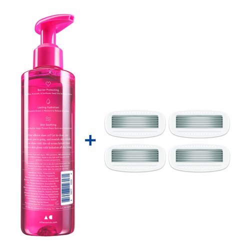 Athena Club Glossy Shave Oil for Women, Hydrating Pre-Shave Oil with Jojoba and Avocado Oils, Smooth Glide for Sensitive Skin, Super Pink Scent, 8 fl oz, Pack of 1 + 4 Razor Blade Refills
