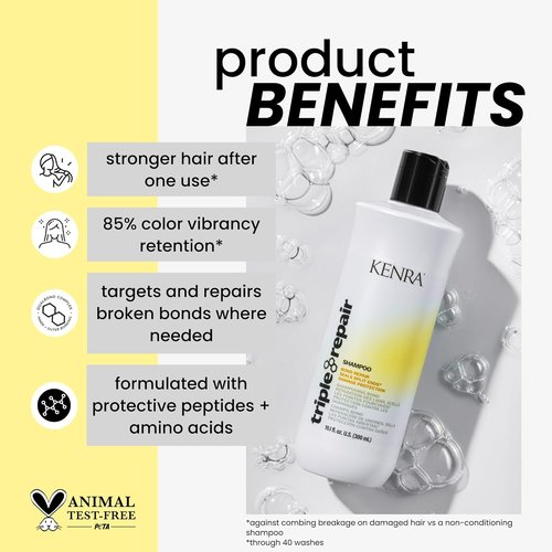 Kenra Triple Repair Shampoo - Strengthens & Restores Weak Bonds | Sulfate-Free | Ideal for Damaged Hair