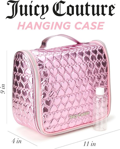 Juicy Couture Pink Makeup Bag - Shiny Puffer Heart Organizer with Hanging Hook for Travel Essentials