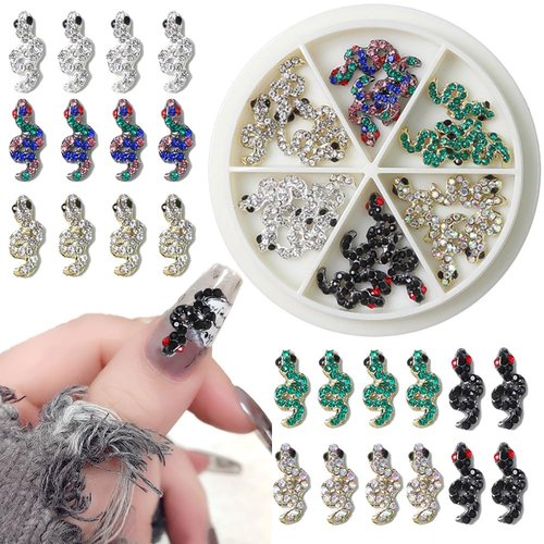 Nail Snake Charms - 6 Colours Gems Snake Nail Charms - 3D Diamonds Serpent Nail Charms Accessories, Punk Nail Snake Charms for Nails Making DIY Supplies