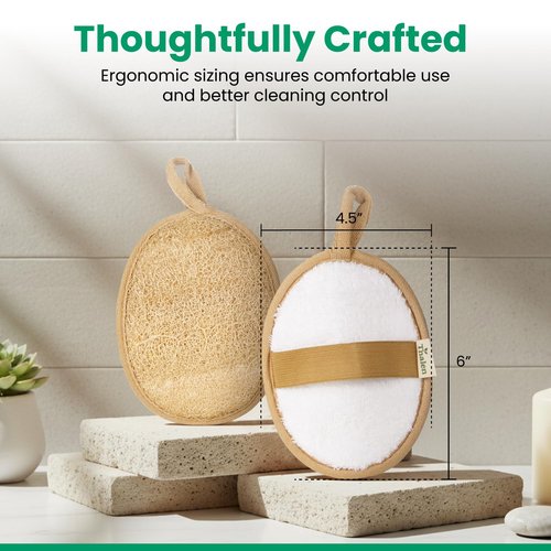 Thalen Natural Loofah Exfoliating Scrubber Body and Face - 3-Pack | Plastic-Free Loofah, No PFAS, Bath Sponge for Women, Shower Scrubber Exfoliator, Face Scrubber for Smooth Skin - Brown Cedar