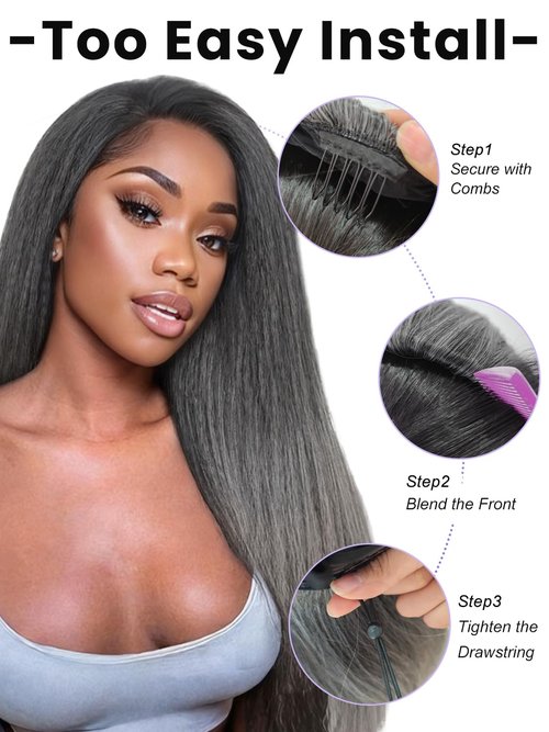 catti Half Wig Yaki Straight Ombre Black Grey Synthetic Hair 3 in 1 Kinky Straight Wigs Flip Drawstring Wig Glueless Wigs Ready to Go Headband Wig for Women 22 Inch