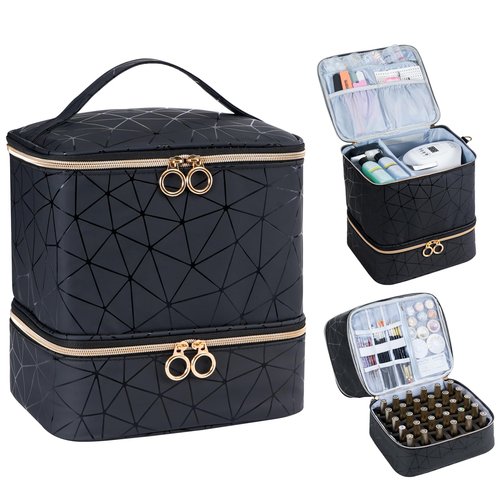 Uross Nail Polish Organizer Bag Holds 30 Bottles Nail Polish & Nail Kit -Nail Polish Storage Organizer Bag Nail Supplies Organizer Case for Nail Tech - Black