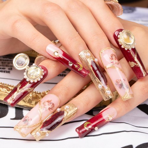 LOVFUL Press on Nails Verona Handmade Curve | Handmade with Full Covered Crystals | Reusable Fake Nails | Square Mid length 1.7in | H186-M
