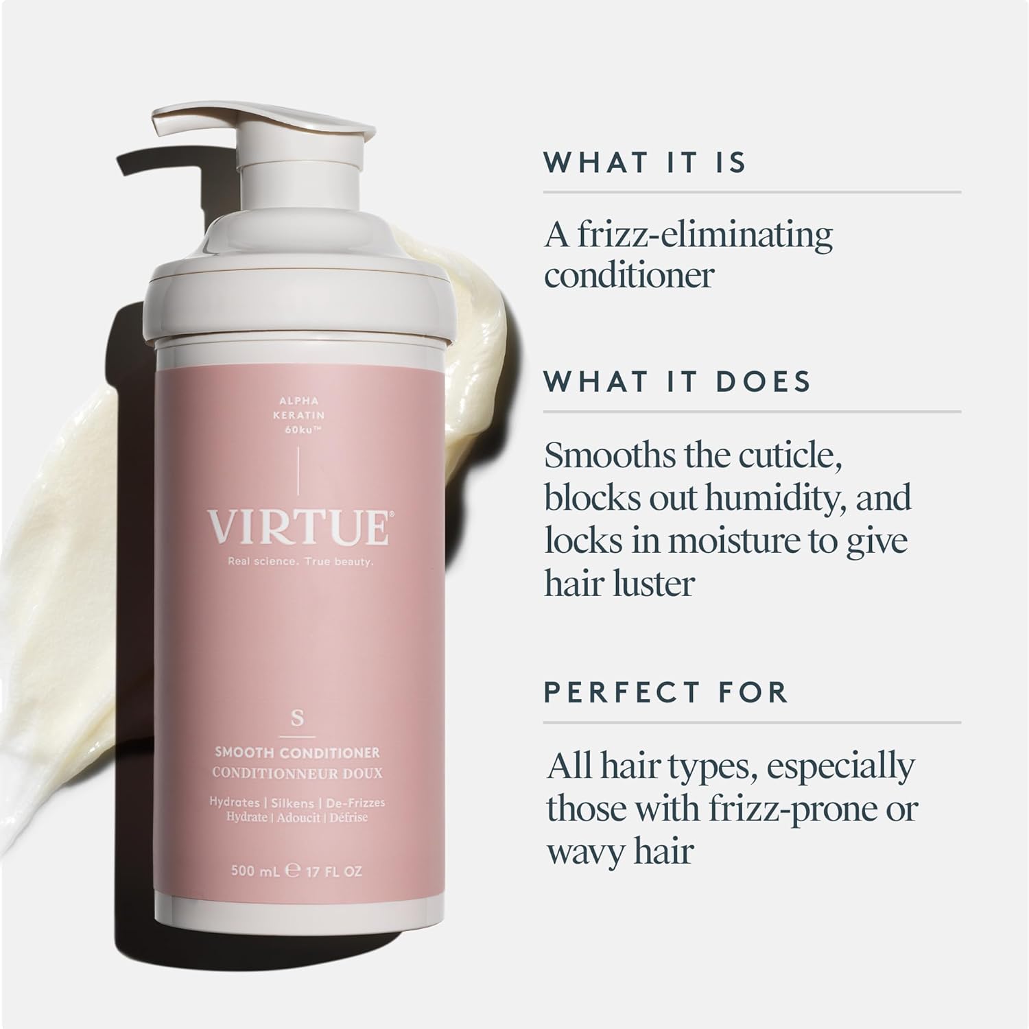 Virtue Smooth Conditioner - Frizz Control for Curly Hair | Sulfate-Free & Color Safe, 8 Fl Oz