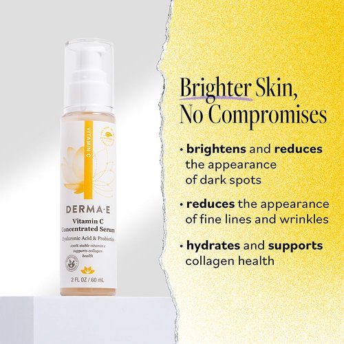 DERMA E Vitamin C Serum - Hydrating & Brightening with Hyaluronic Acid, 2 Oz | All-Natural Antioxidant Formula