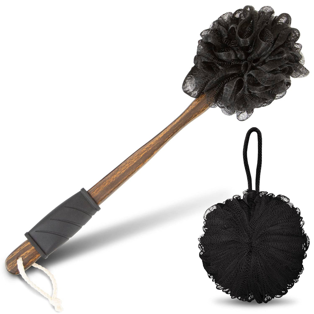 Vive 17” Shower Loofah with Long Handle - Exfoliating Back & Body Scrubber for Men & Women - Luffa Sponge on a Stick for Bathing, Cleaning - Includes Extra Handheld Lufa, Hook & String to Hang on Wall