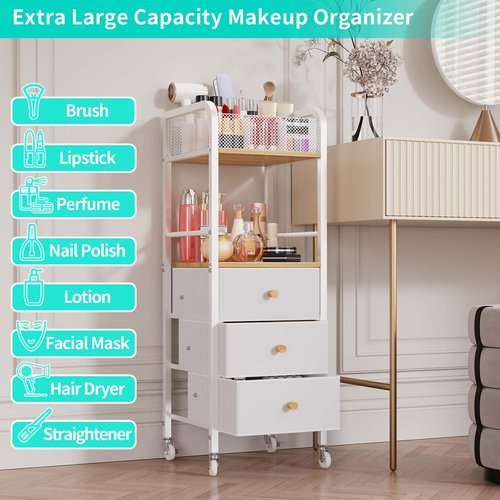 HapiRm Rolling Makeup Cart Organizer - Floor Skincare Make Up Storage with 3 Non-woven Fabric Drawers, Vanity Organizer Cosmetic Display Cases Holder for Skin Care Perfume Nail Polish Brush Hair Tool