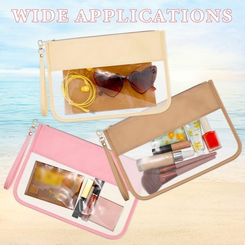 Sanwuta 3 Pcs Clear Zipper Snack Bag Pouches for Travel Women, Flat Nylon Waterproof PVC Makeup Snack Bags Set DIY Chenille Letter Organizer Portable Storage Beach Stuff Toiletry (Pink, Beige, Brown)