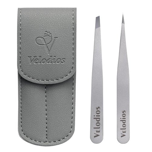Velodios Tweezers for Eyebrows, Pointed TipTweezers for Women Facial Hair, Ingrown Hair Removal, Slanted and Pointed Tip Tweezers Set with PU Travel Case (Slant & Pointed Tweezers Set)