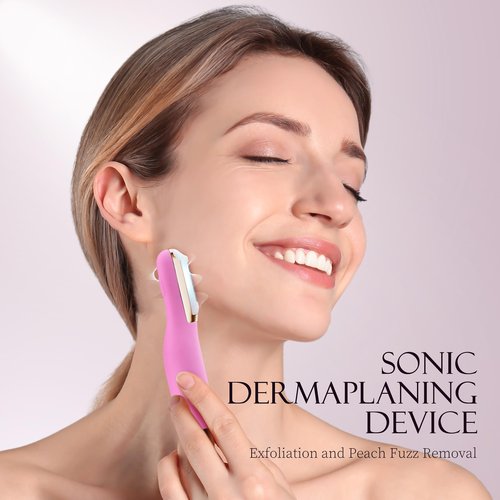 CEVEK Sonic Dermaplaning Tool - Electric Facial Hair Remover for Women & Eyebrow Trimmer, Exfoliating Face Razor with 8 Replacement Blades (3 Months Supply) for Peach Fuzz & Dead Skin (Pink)