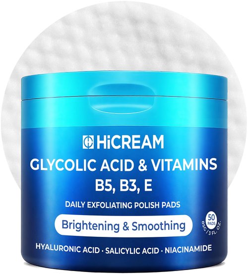 Hicream Glycolic Acid Exfoliating Pads, Dual-Textured Facial Toner for Pore Care & Skin Radiance, Deep Cleansing Peel with Niacinamide, Salicylic Acid & Vitamins E, B3, B5 (50 Pads)