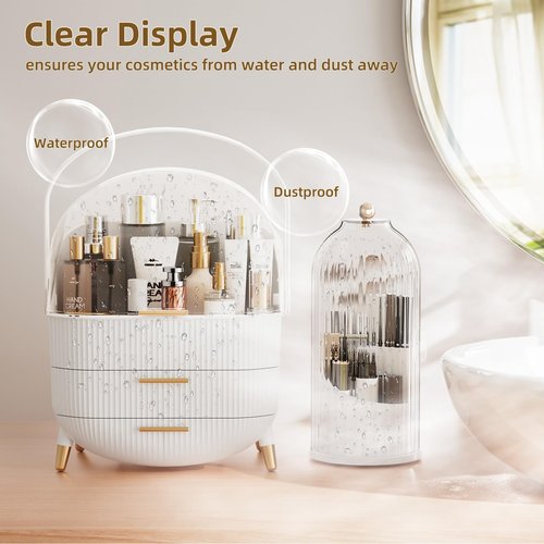 fanado Makeup Organizers Countertop, Makeup organization for Vanity, Cosmetic Storage with Lid and Drawers, Skincare Display Cases with for Desktop, Bathroom (White)
