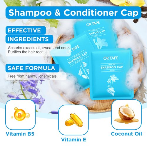 OK TAPE No Water Shampoo Caps (6 Pack) 3 Scents, Rinse Free Shower Cap for Elderly, After Surgery, Camping, Shampoo and Conditioner Hair Wash Cap (Jasmine, Vanilla and Bellflower Scents)