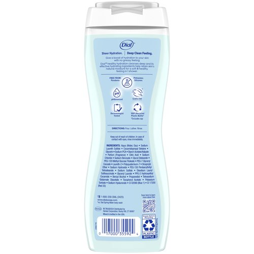 Dial Body Wash, Healthy Hydration, Hyaluronic Acid + Vitamin E, 16 fl oz (Pack of 4), Gentle, Leaves Skin Feeling Soft In 1 Shower, Dermatologist-Tested, No Parabens & Silicones