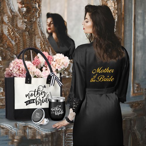 Suhine 14 Pcs Mother of The Bride and Groom Gifts Set Wedding Satin Robe Canvas Tote Bag with Makeup Bag 12 oz Tumbler Cup Small Makeup Mirror Scrunchies Knot Bracelet Wedding Gift for Mom(Black)