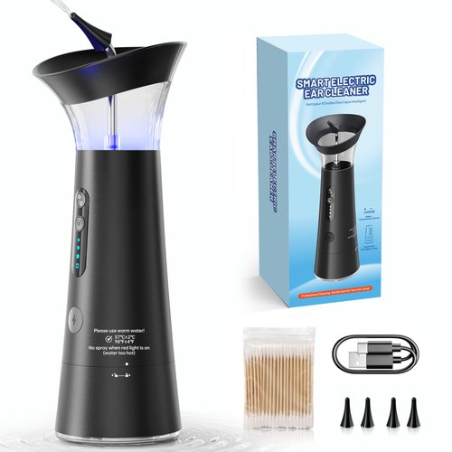 Electric Ear Wax Removal Kit - Ear Irrigation Cleaner with Dual Separate Clean & Waste Water Tanks, IPX6 Waterproof, Water Temperature Detection, Ergonomic Upright Rinse Design, 4 Replacement Nozzles