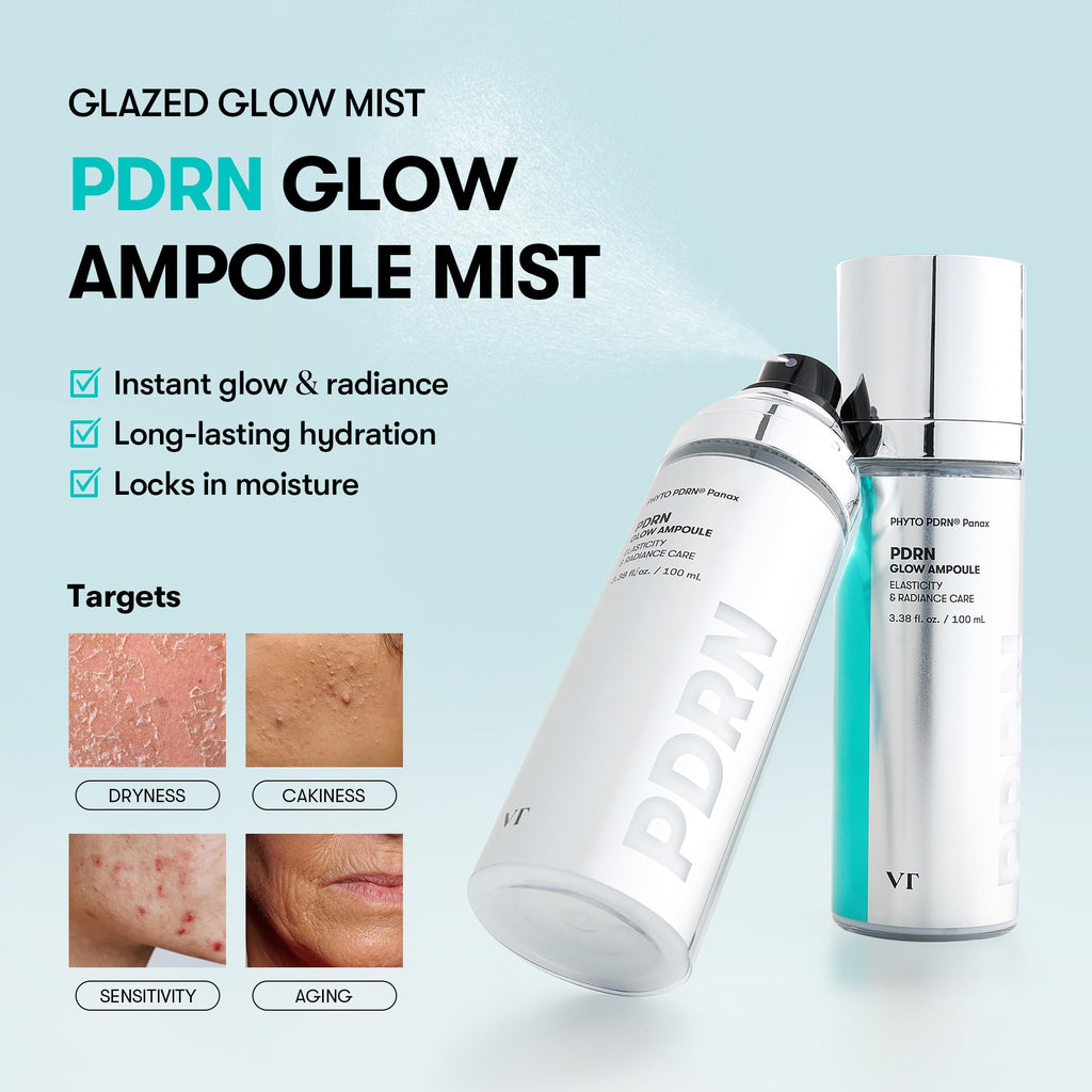 VT COSMETICS PDRN Glow Ampoule, PDRN Facial Mist, Deep Hydration Spray Serum, Vegan Skin Care, Light-weight Face Moisturizer, Plumping Effect, Fragrance-Free, Korean SkinCare (3.38 fl oz / 100 ml)