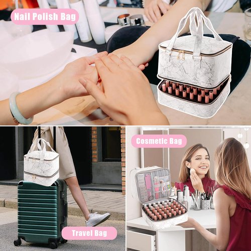 AGX Bravo Nail Polish Organizer Bag Double Layers Nail Polish Storage Case Holds 42 Bottles & 1 Nail Lamp Gel Carrying Case Bag Manicure Supplies Organizers (Marbling)