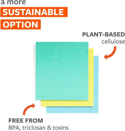 Full Circle Squeeze - Super Absorbent Cellulose Sponge Cloths | Eco-Friendly Reusable Dishtowels, 3-Pack, Multicolor