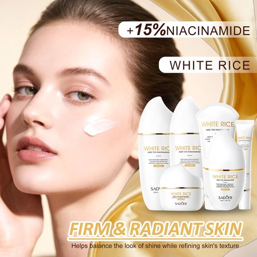 FOR SADOER Rice Niacinamide Skincare Set - 6 Piece Firming Skincare Kit with Cleanser, Toner, Lotion, Eye Cream, Face Cream & Serum for Daily Facial Care