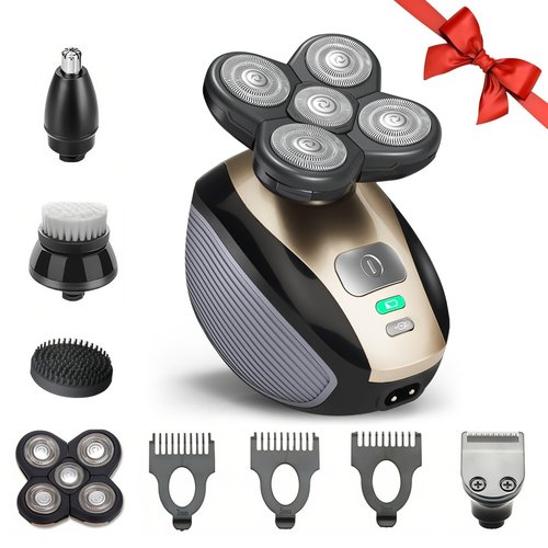Hugdew 5 in 1 Head Shavers for Bald Men, Skull Head Shaver with Rechargeable Battery, Electric Razor, Hair Clippers, Nose Hair Trimmer, Cleaning Brush, Hair Manager, Idea Gift for Men(Brown)