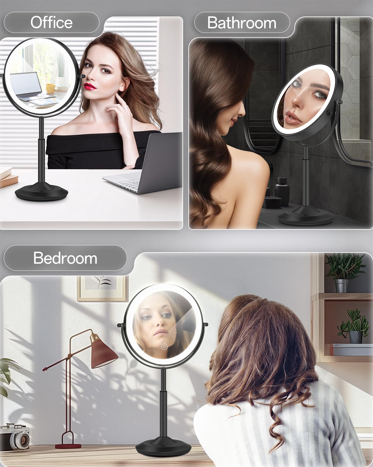 vpu Makeup Mirror with Lights, 1X/30X Lighted Magnifying Mirror Height Adjustable, 3000mAh Rechargeable Double Sided Vanity Mirrors with 3 LED Lighting and Adjustable Brightness for Desk Women Gift