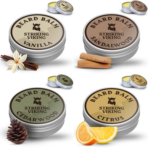 Striking Viking Beard Balm for Men - Pack of 4, 1 Oz Tins, Assorted Scents - Hydrating Balm & Moisturizer - Beard Butter Variety Pack