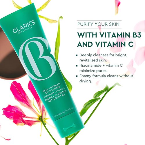 Clark's Botanicals Heal + Hydrate B3 Cleanser - Daily Niacinamide Face Wash with Vitamin C, 4 Oz