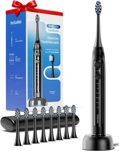 Onlyone Sonic Electric Toothbrush - Rechargeable Ultrasonic with 8 Brush Heads & Travel Case | 5 Modes, Smart Timer