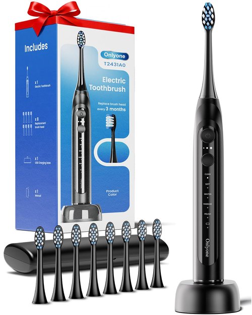 Onlyone Sonic Electric Toothbrush for Adults, Rechargeable Ultrasonic Electric Toothbrush with 8 Brush Heads, Travel Case, Charging Base & Wireless Charging - 5 Modes with Smart Timer