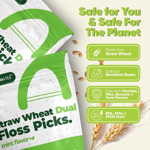 Dual Line Dental Floss Picks - Straw Wheat Flossers | Thin & Shred-Resistant Thread for Tight Gaps | Dental Flossers for Adults | Gentle on Gums & Teeth (200 Pack, Mint)
