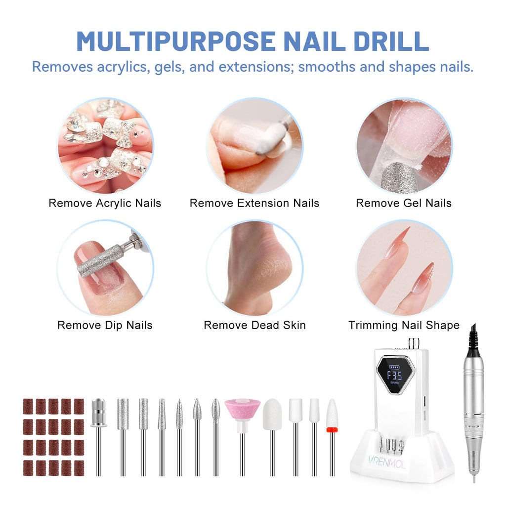 Vrenmol Professional Electric Nail Drill: 35000RPM Rechargeable Nail Drill Machine with Base Portable Nail File with Nail D rill Bits for Remove Gel Dip Acrylic Nails Nail Art Salon Use White