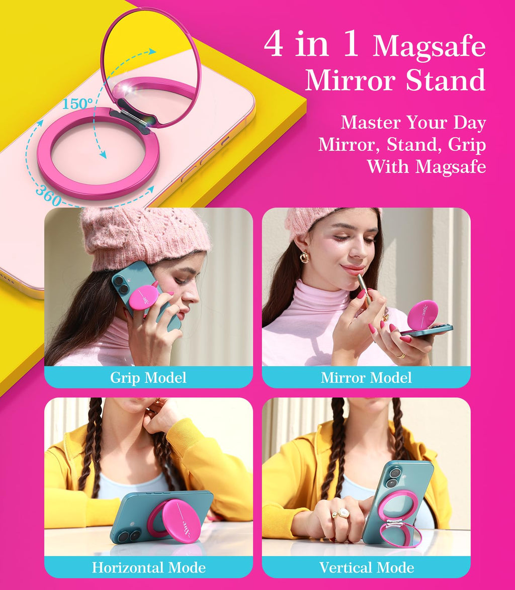 XWE Cell Phone Stand Compatible with Magsafe Mirror Mount [Anti-Scratch & Portable] Girls Women Magnetic Travel Makeup Mirror Desk Fits for iPhone 16/15/14/13/12 Plus Pro Max (Fuchsia)