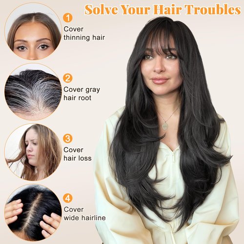 ALXNAN Hair Toppers For Women with Thinning 3D 360°Cover,26Inch Black Long Straight Layered Clip In Synthetic hair topper with Bangs
