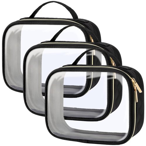 PACKISM TSA Approved Toiletry Bag - 3 Medium Clear Makeup Bags | Quart Size, Water Resistant PVC, Black