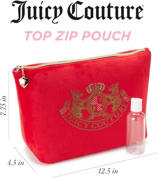Juicy Couture Red Makeup Bag - Stylish Velour Organizer with Rhinestones & Zip Top | Travel Essentials