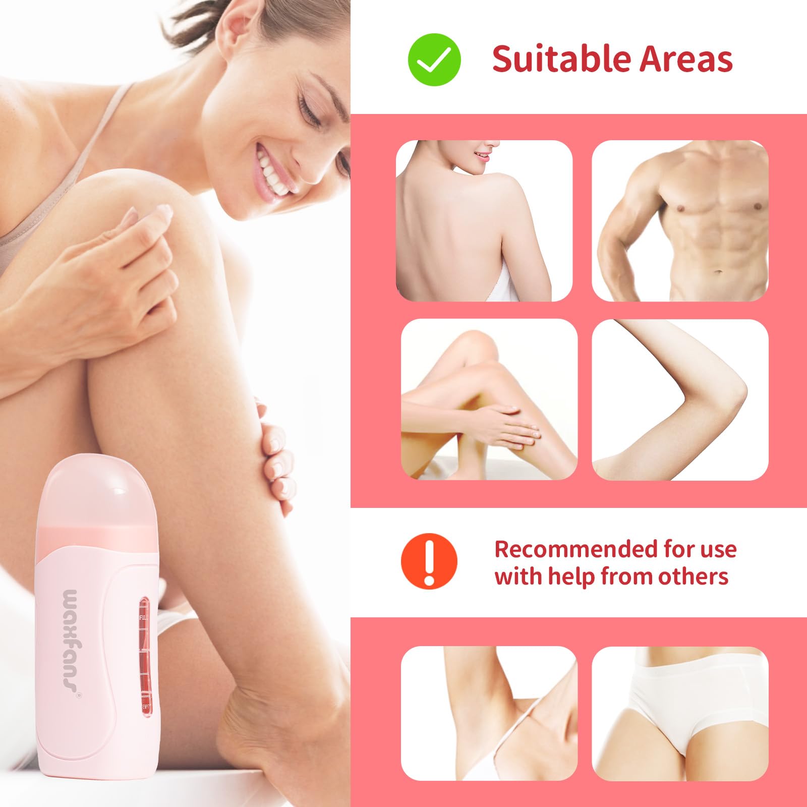 Wax Roller Kit- Easy Use Roll on Wax Kit with 4-6 Weeks Smooth Skin,Hair Remover for Larger Areas of the Body, Beginner-Friendly,with 50 Pcs Strips and 2 wax roller (Honey)