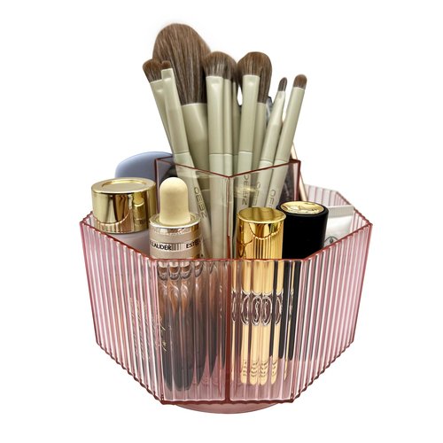 LiteTour Crystal Pink 360° Rotating Makeup Brush Organizer, Multi-Compartment Storage for Skincare, Cosmetic Tools, Vanity, Desk, Stationery, Pens, Office & Countertop Organizer for Bathroom & Home