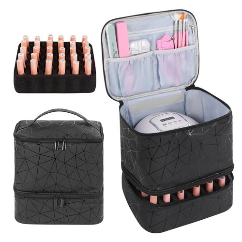 AGX Bravo Nail Polish Storage Organizer Double Layer Gel Nail Polish Bag for Nail Dryer UV Light Carrying Case Holds 30 Bottles Travel Portable Compartment Case for Manicure Supplies, Black (BAG ONLY)