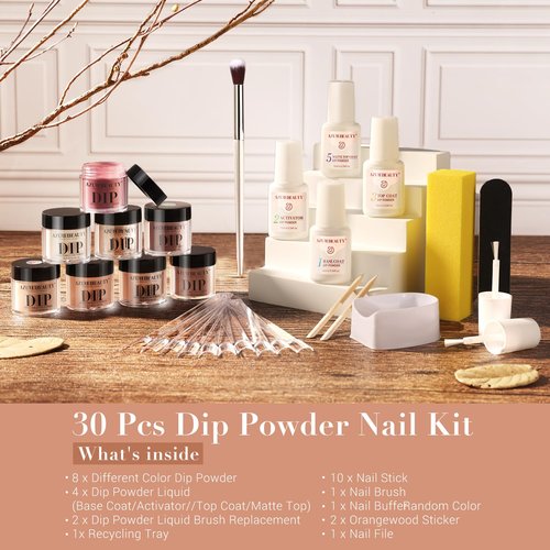 AZUREBEAUTY Dip Nails Powder Starter Kit 8 Colors with Nail Sticks Nude Brown Giltter Shimmer Set Nail Art Base Glossy Matte Top Coat Activator Essential Liquid Manicure DIY Salon 30 PCS