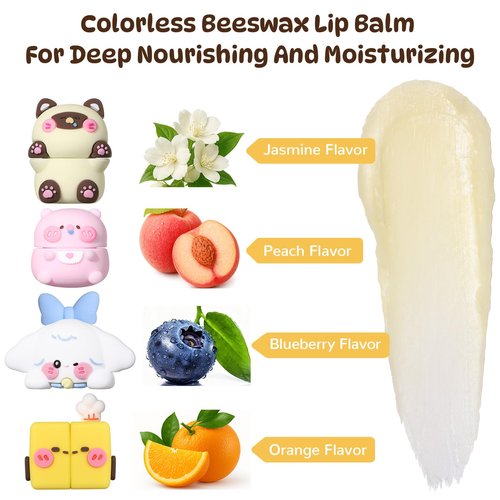 SUSIKEKI Cloud Comfort Lip Balm - 4 Tubes Fruit-flavored Moisture Lip Balms, Blueberry, Jasmine, Orange, and Peach Flavors, 3-in-1 Repairs Lip Damage Caused by Dryness, Makeup and UV Rays (4 Pack)