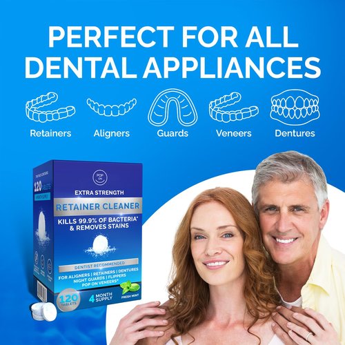Retainer Cleaner Tablets for Invisalign Approved for Ultrasonic Cleaners -120 Denture Cleaning Tablets for Aligners, Night Guard, Mouth Guard - Denture Cleaner Tablets 4-Month Supply