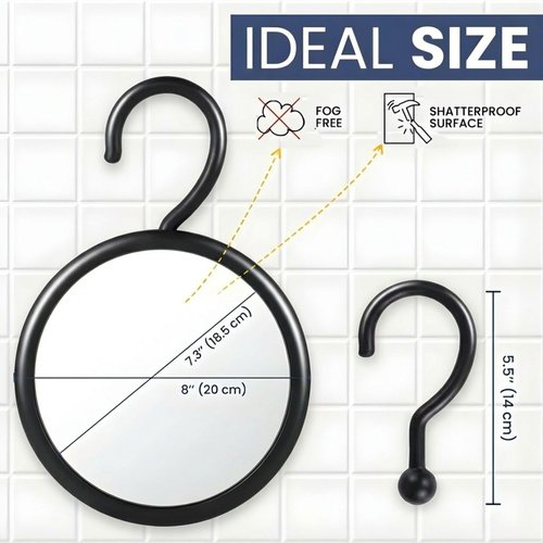 MIRRORVANA Hangable Round Fogless Shower Shaving Mirror with 360° Swivel Rotatable Hook for Hanging and Bonus Anti-Fog Spray - Anti Fog and Shatterproof Surface, 6.7" Diameter (Black)