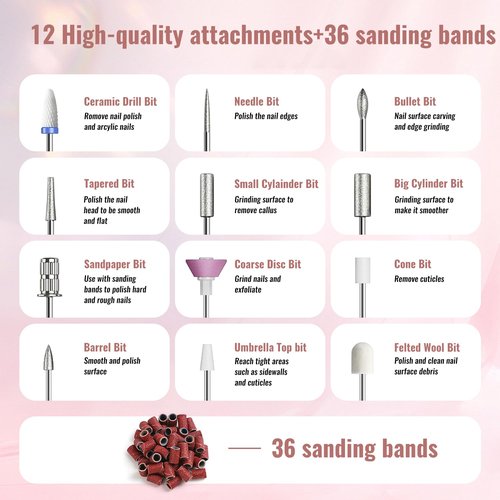 Denabuty Cordless Electric Nail Drill File: 35000RPM Professional Nail Drill Machine with UV LED Nail Lamp Charging Base, Manicure Pedicure Kit E File for Acrylic Gel Dip Powder Polish Pink