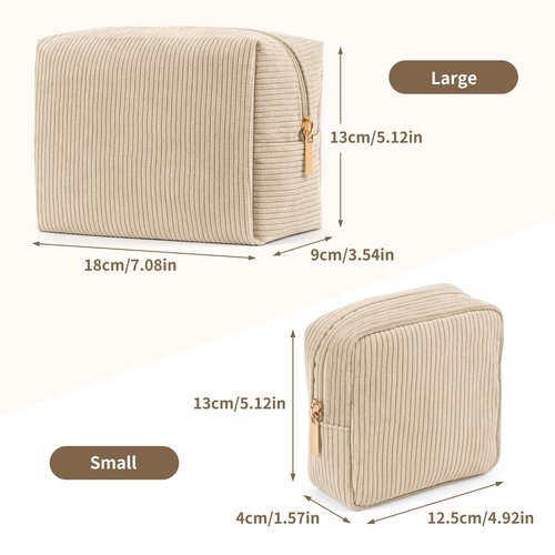 MAGEFY Makeup Bag 2 Pcs Corduroy Cosmetic Bag Small Makeup Bags for Women Travel Pouch with Slip-in Pockets（Beige）