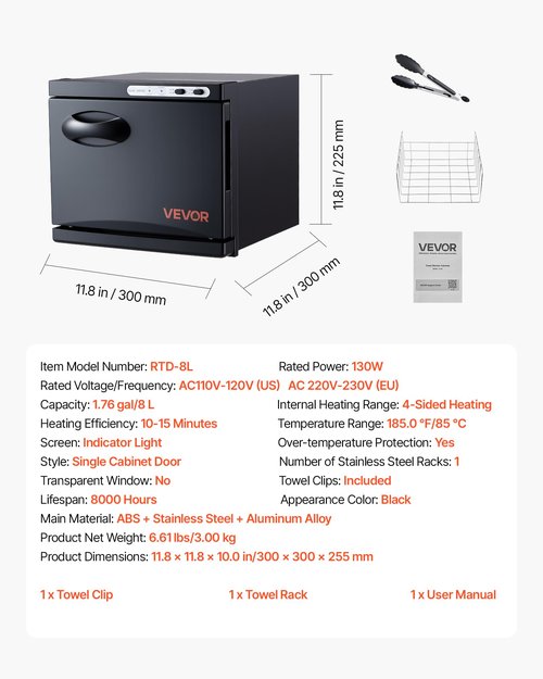 VEVOR Hot Towel Warmer, 8L Small Towel Warmer Cabinet with Clip & Stainless Steel Rack, Holds up 12 Towels, Portable All-Round Heating Cabinet for Spa, Barber, Manicures, Massage, Salon, Black