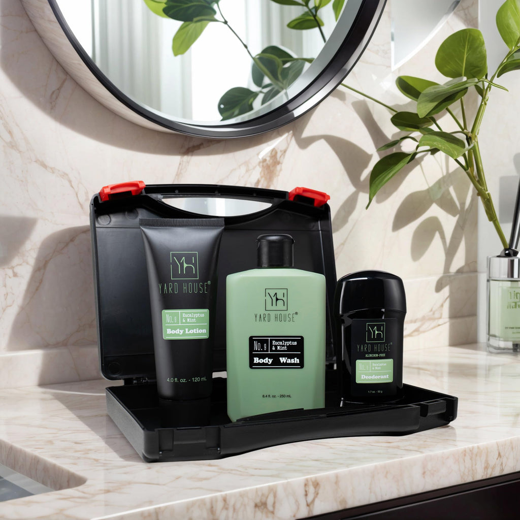 Yard House Mens Skincare Gift Set – Eucalyptus & Mint Body Wash, Lotion & Deodorant in Travel Case – Premium Grooming Kit for Men – Fathers Day Birthday Christmas Gift Idea