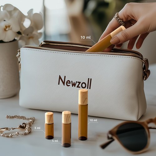 Newzoll 10mL(1/3 Oz) Amber Glass Roll On Bottles, 8 Pack Leak Proof Refillable Roller Bottles for Essential Oils, Perfume, DIY Craft, Samples, Eye Roller, Travel Portable